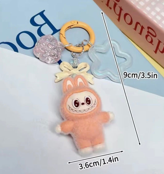 Peach Flocked Standing Labubu Doll Keychain Key Ring Toy Ornaments Charms Gift