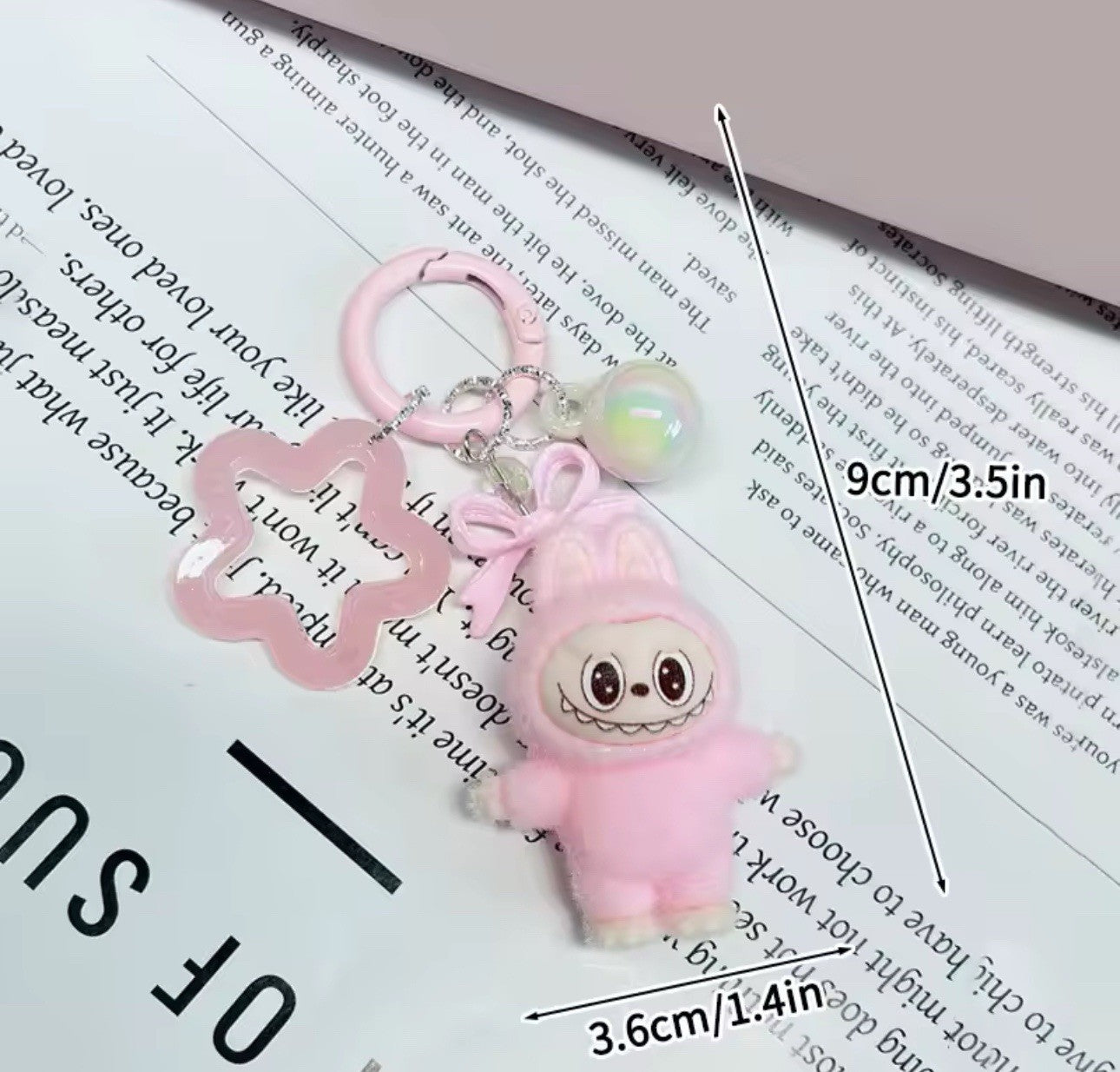 Pink Standing LABUBU Flocked Mini Keychains Bag Car KeyChain Pendant Keyring