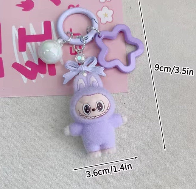 Purple Standing LABUBU Flocked Mini Keychains Bag Car KeyChain Pendant Keyring