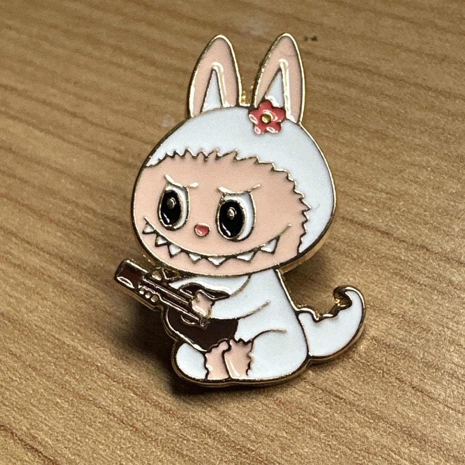 1x Labubu White Rabbit Guitar Enamel Pin Badge Cute In Gift Bag Little Monsters