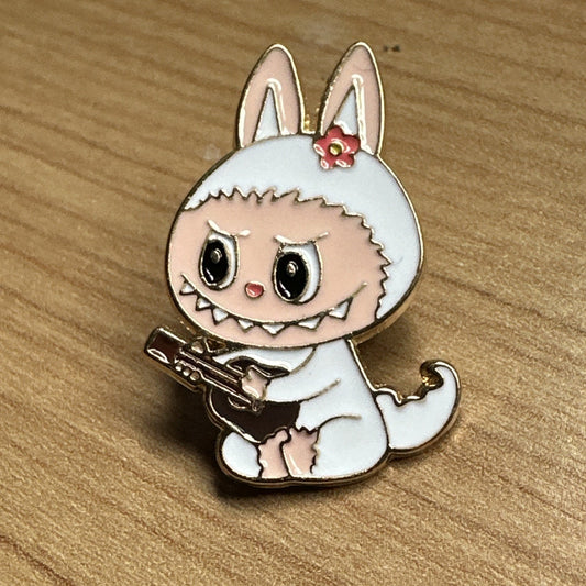 1x Labubu White Rabbit Guitar Enamel Pin Badge Cute In Gift Bag Little Monsters