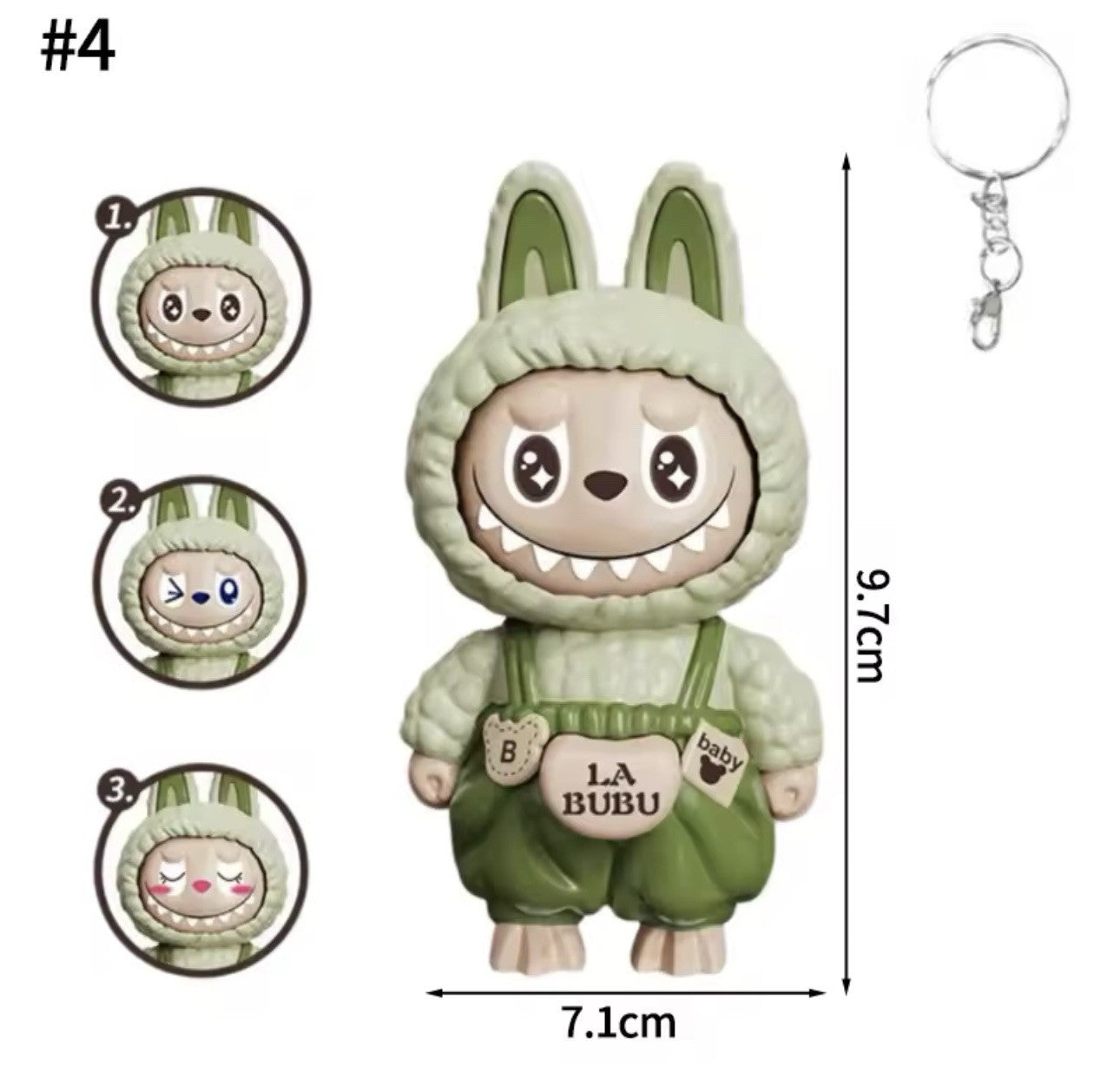 1 X Green LABUBU 4" inch face changing 3 in 1 keyring Hot Key Chain Gift