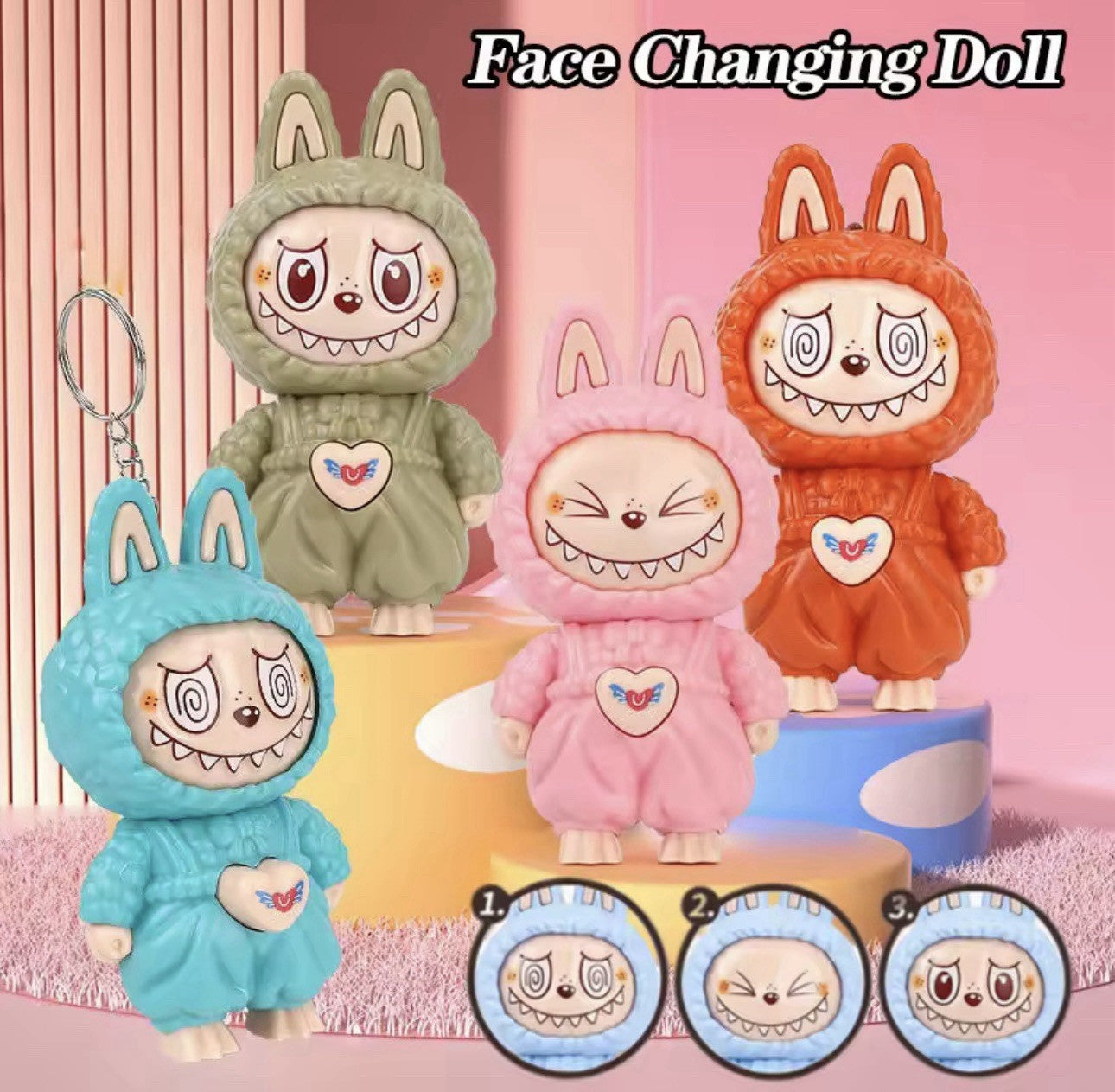 1 X Orange LABUBU 4" inch face changing 3 in 1 keyring Hot Key Chain Gift