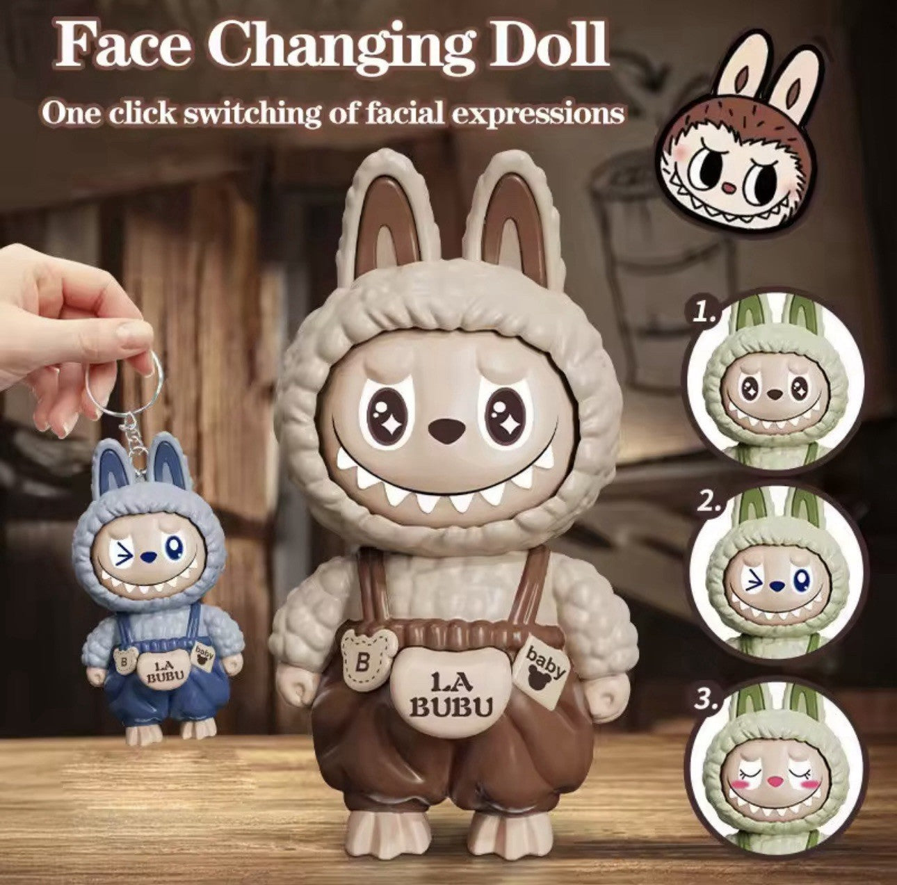 1 X Green LABUBU 4" inch face changing 3 in 1 keyring Hot Key Chain Gift