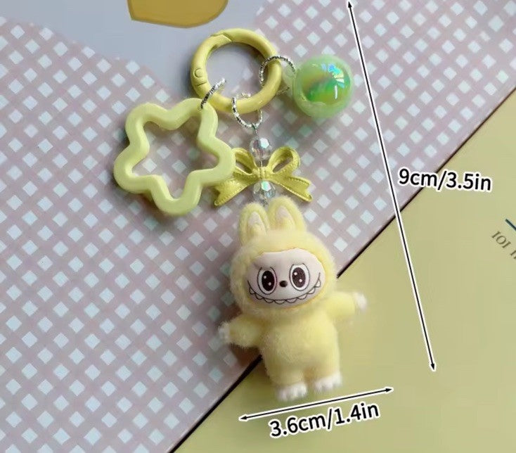 Yellow Standing LABUBU Flocked Mini Keychains Bag Car KeyChain Pendant Keyring