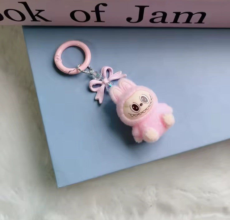 Pink Sitting LABUBU Flocked Mini Keychains Bag Car KeyChain Pendant Keyring