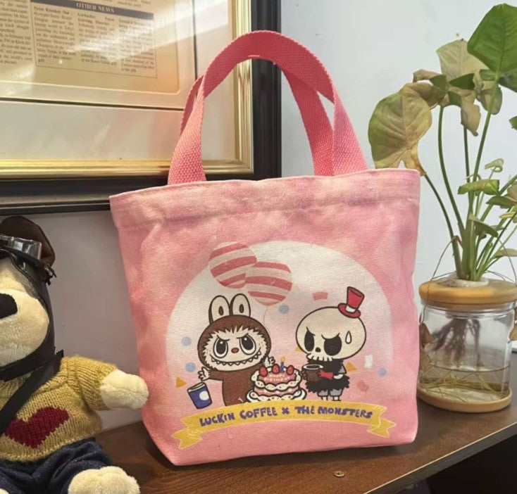 Labubu Pink The Monsters Brown Figure Tote Bag Canvas Doll Gift + Free Keyring