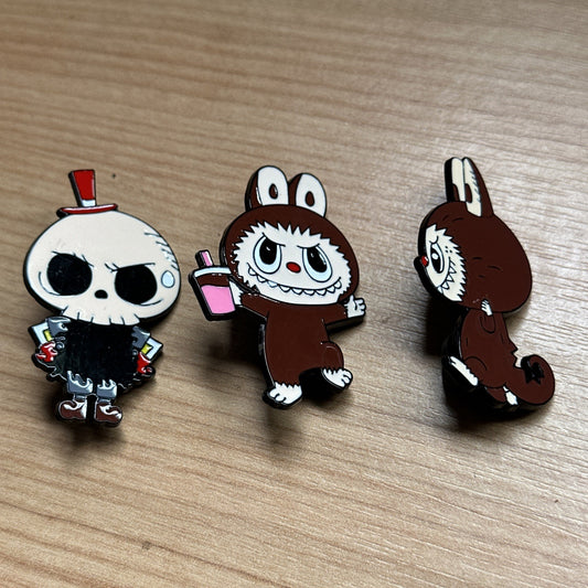 3x Horror Labubu Brown Milkshake  Brooch Set Metal Enamel Pin Badge Doll Gift