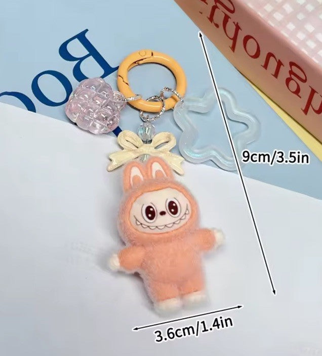 Peach Standing LABUBU Flocked Mini Keychains Bag Car KeyChain Pendant Keyring
