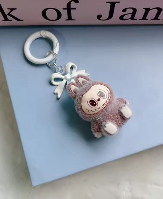Brown Sitting LABUBU Flocked Mini Keychains Bag Car KeyChain Pendant Keyring