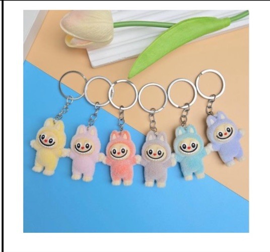 Pink Standing Monster Flocked Mini Keychains Bag Car KeyChain Pendant Keyring