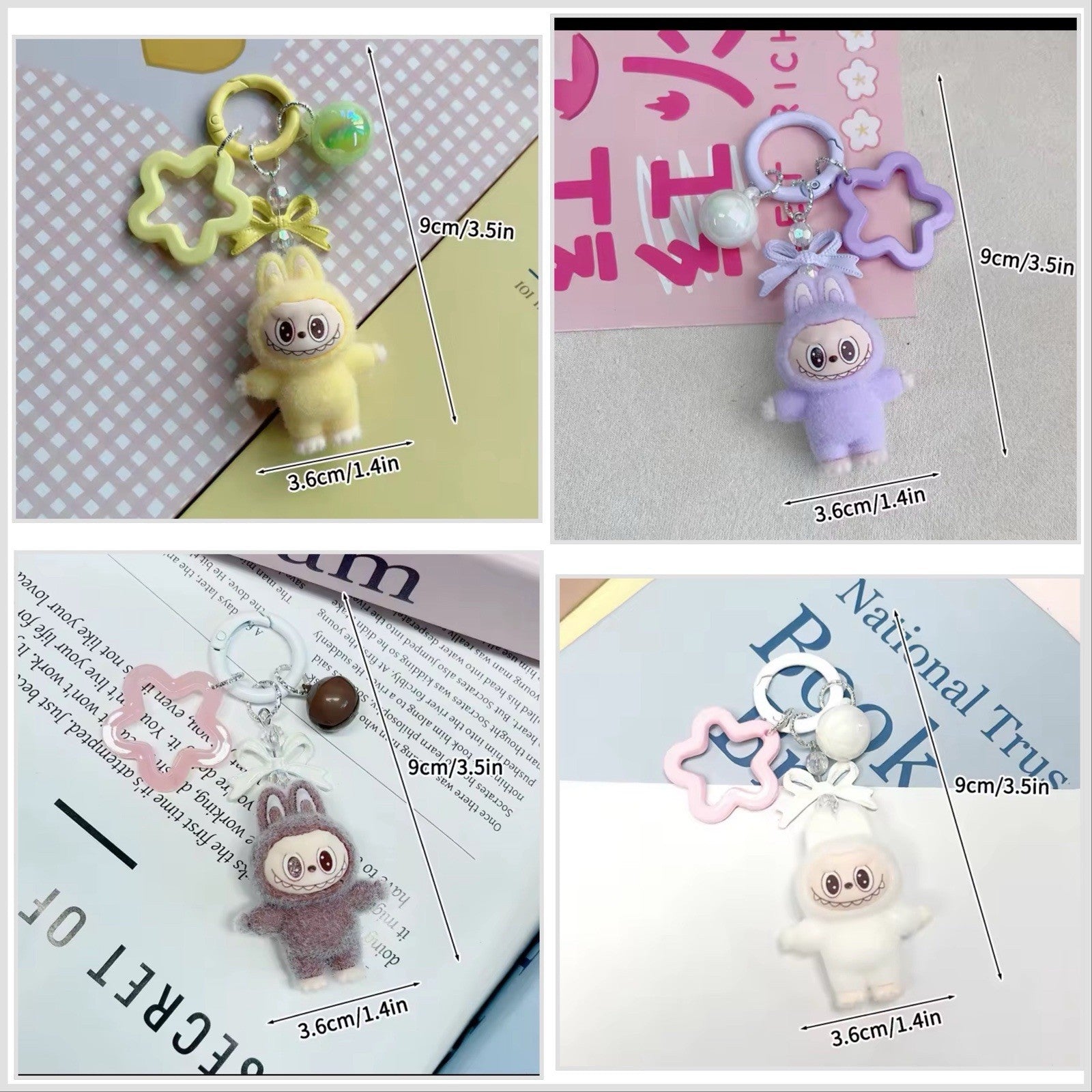 Set Of 4 Standing LABUBU Flocked Mini Keychains Bag Car KeyChain Pendant Keyring