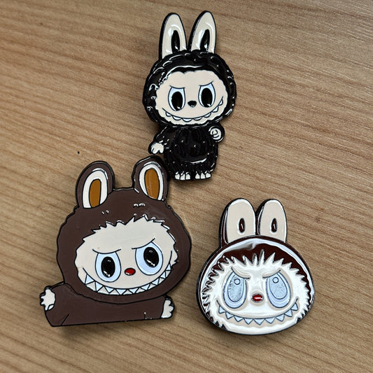 3x Large Brown Labubu Brooch Set Metal Enamel Pin Badge Doll Gift Secret