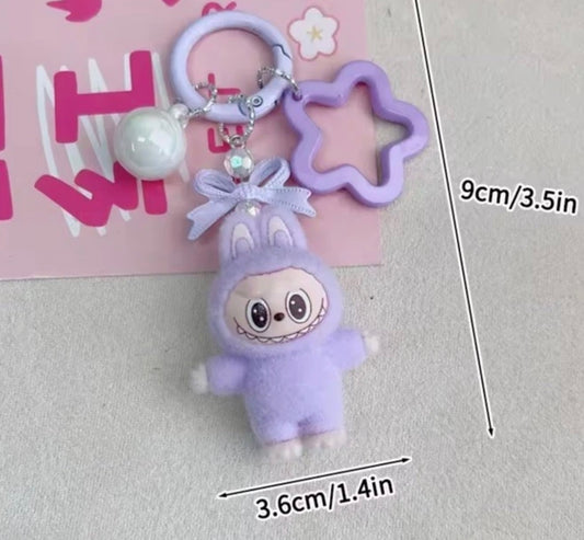 Purple Flocked Standing Labubu Doll Keychain Key Ring Toy Ornaments Charms Gift