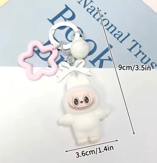 Snowy white Flocked Standing Labubu Doll Keychain Key Ring Toy Ornaments Charms Gift