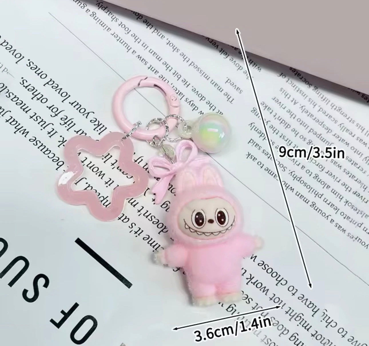 Pink Flocked Standing Labubu Doll Keychain Key Ring Toy Ornaments Charms Gift