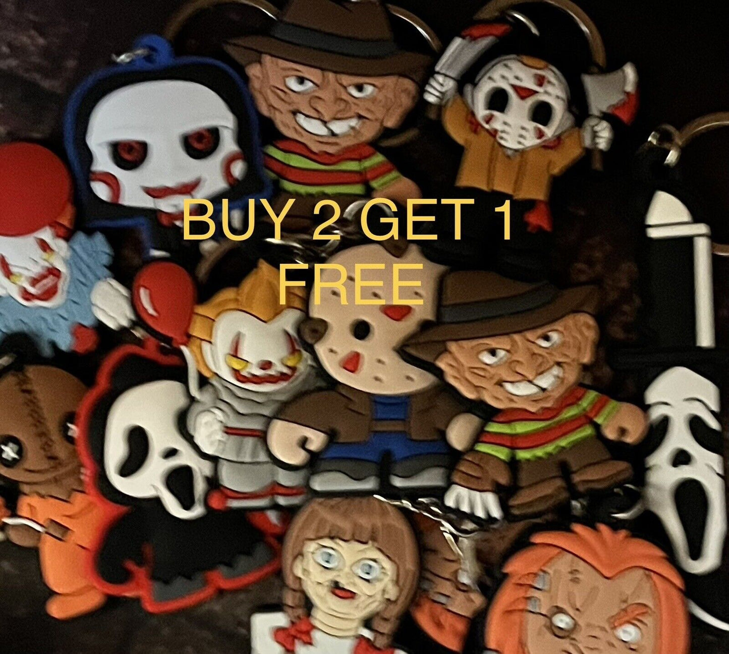 Halloween ๐ horror key rings BUY 2 Get 1 FREE Chucky Billy Scream IT Saw Regan - SOScollectible