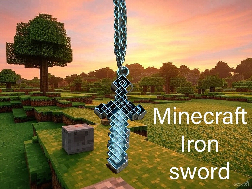 Minecraft Iron Sword Metal Pendant Chain Necklace Perfect Gift Bag Movie
