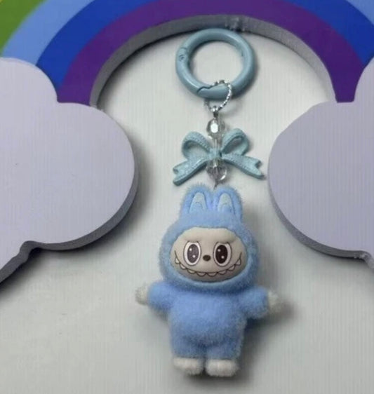 Blue Flocked Standing Labubu Doll Keychain Key Ring Toy Ornaments Charms Gift