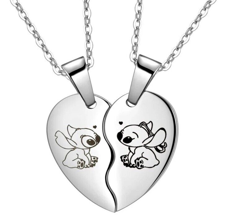 2 x Lilo & And Stitch Necklace Heart Pendant Charm Disney Best Friends Double - SOScollectible