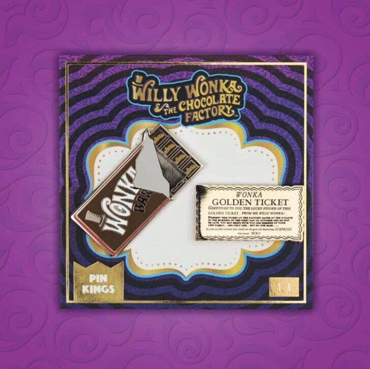 2 X Willy Wonka Golden Ticket & Bar Metal Pin Badge Movie Charlie Official 1.1 - SOScollectible