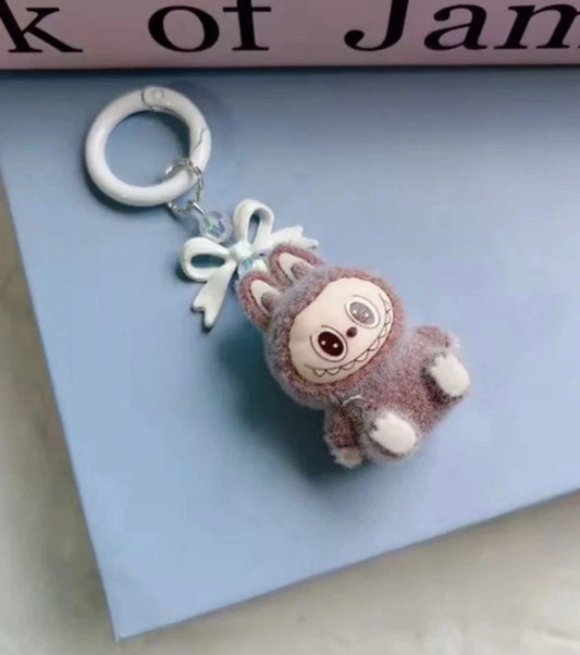Brown Flocked Sitting Labubu Doll Keychain Key Ring Toy Ornaments Charms Gift