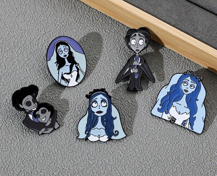 5 x Corpse Bride Metal Pins Movie Tim Burton Enamel Horror Badge Complete Set - SOScollectible