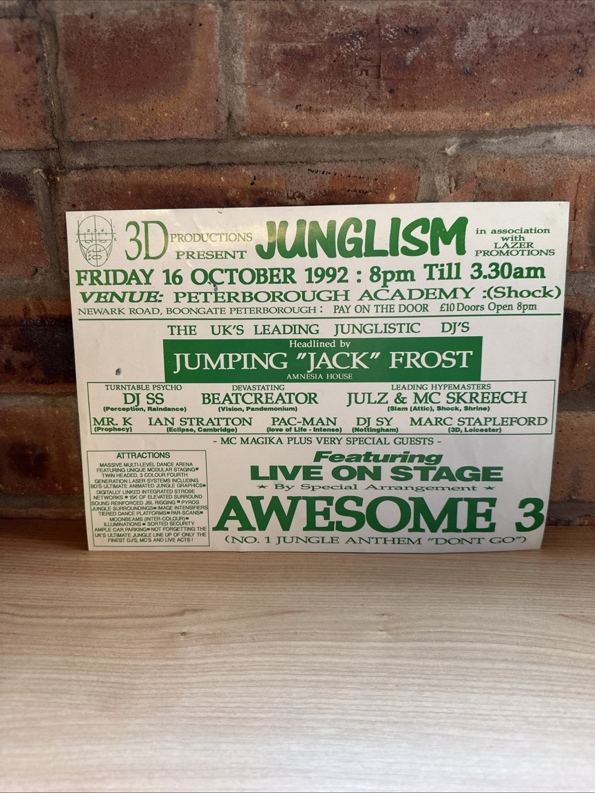 Rave Flyer Junglism 16th Oct 1992 3D & Lazer Promotions Peterborough Shock Rare1