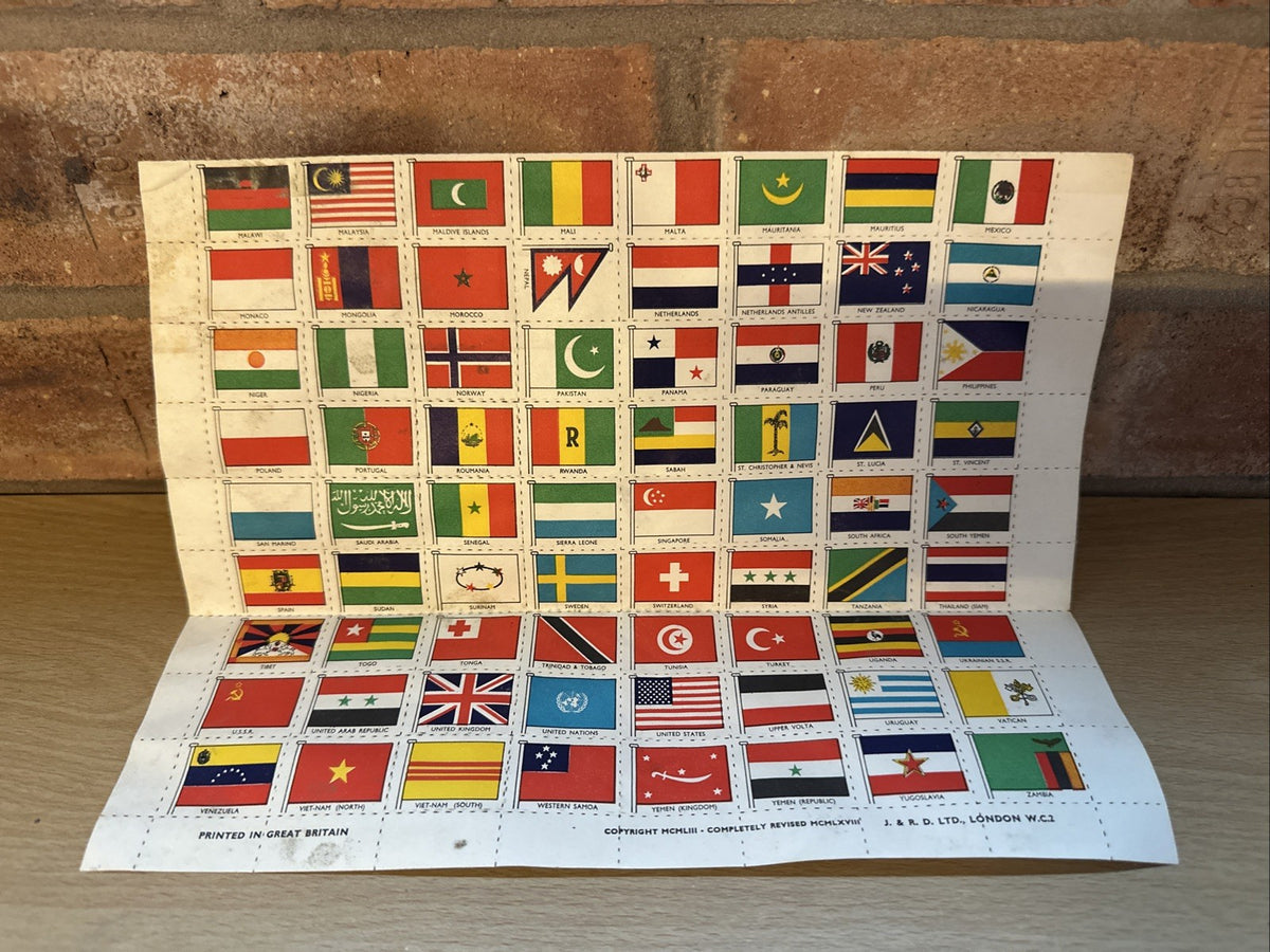 Vintage 1968 “152 Flags Of All Nations” Gummed Sticker Sheet Rare Flags Stamp1