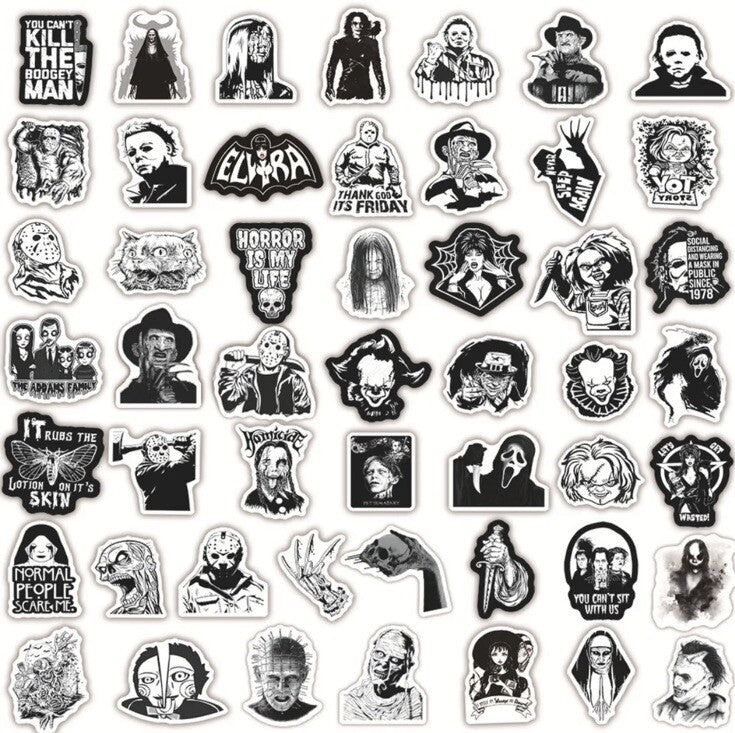 Horror black and white 50 characters movie stickers Chucky Freddy IT Jason New1