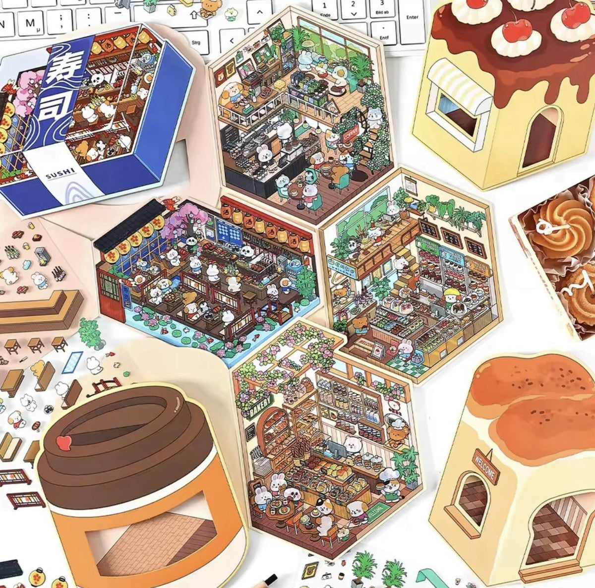 NEW 4Pc Mega Scenes DIY Cartoon 3D Landscape Sticker Book Coffee Bakery1