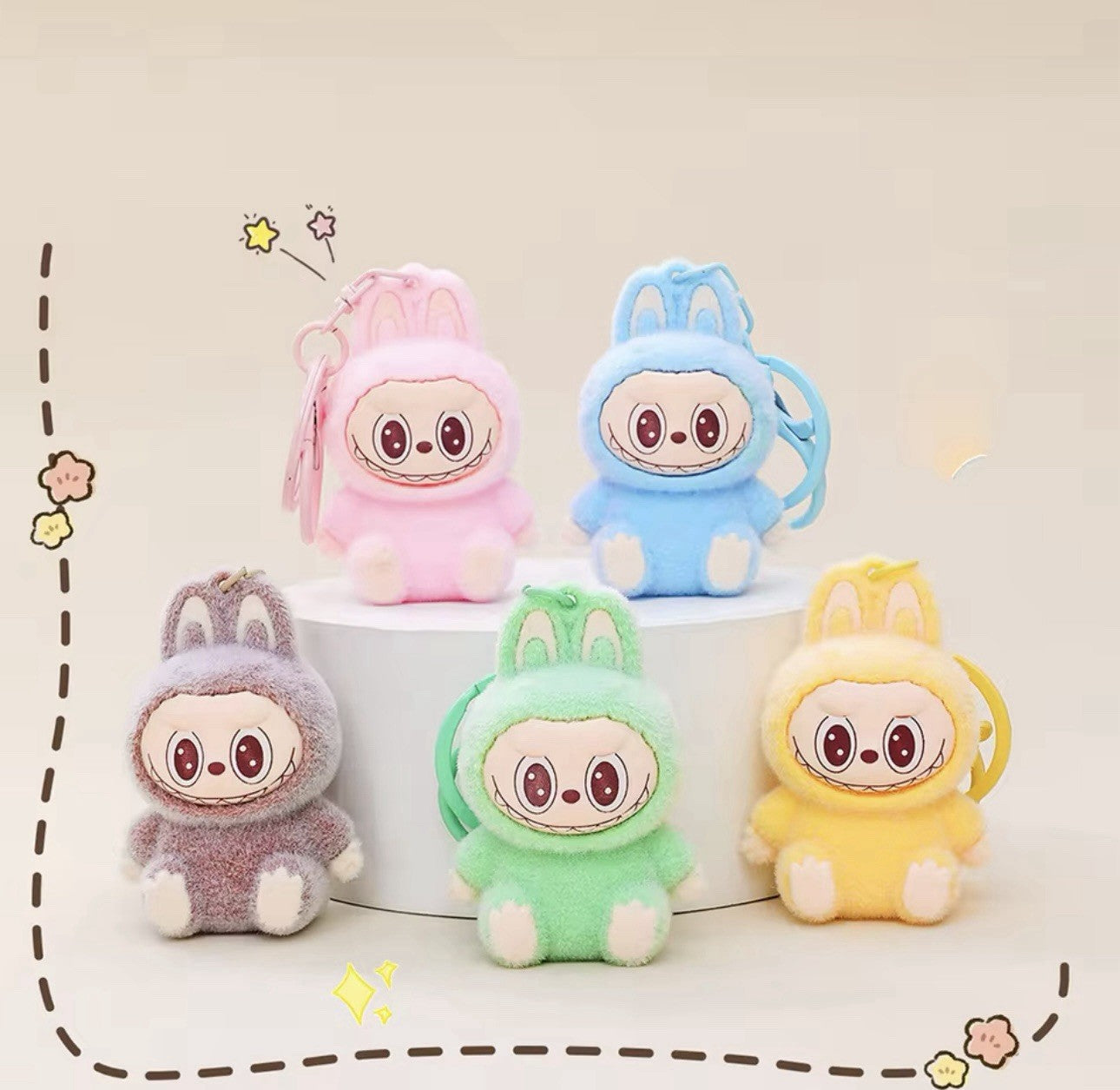 Brown 6cm Sitting Labubu Doll Keychain Key Ring Toy Ornaments Charms Gift