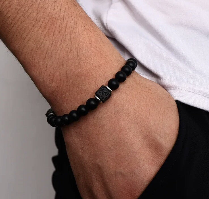 2 Piece Set Black Natural Stone Necklace & Stretchable Bracelet1