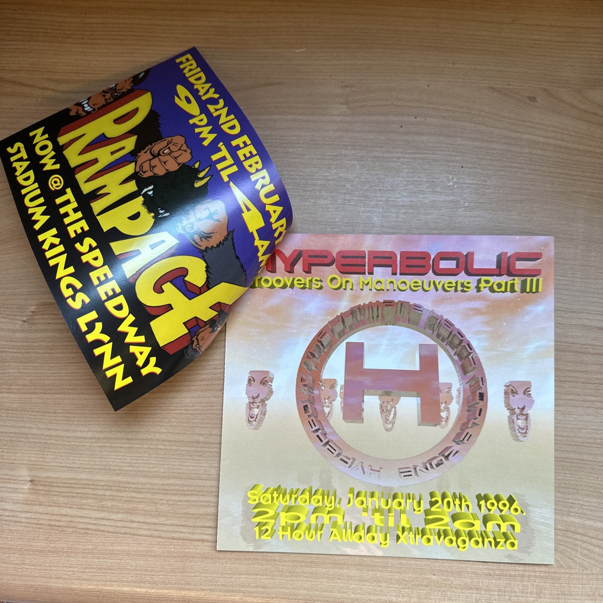 2 Rave Flyers Hyperbolic & Groomers  Kings Lynn Jan 20th 1996 Club Flyer Mint1