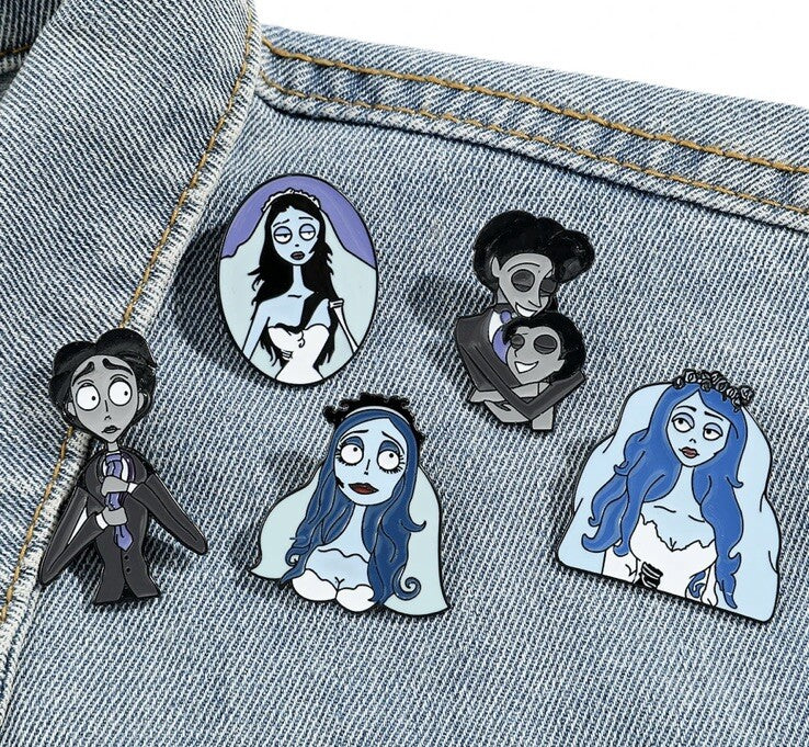 5 x Corpse Bride Metal Pins Movie Tim Burton Enamel Horror Badge Complete Set0