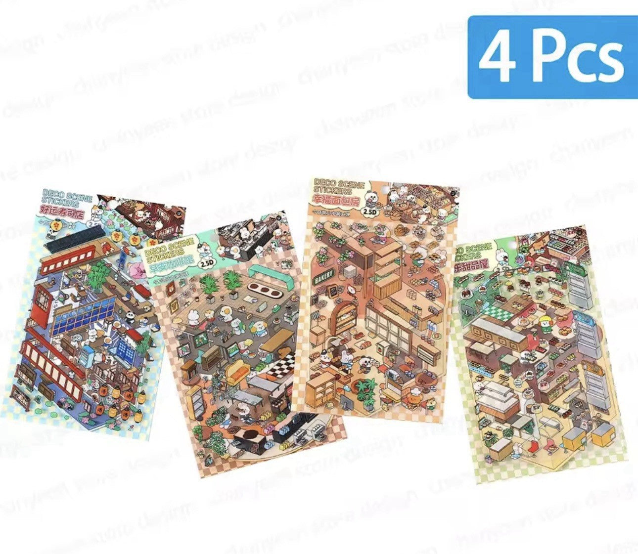 NEW 4Pc Mega Scenes DIY Cartoon 3D Landscape Sticker Book Coffee Bakery
