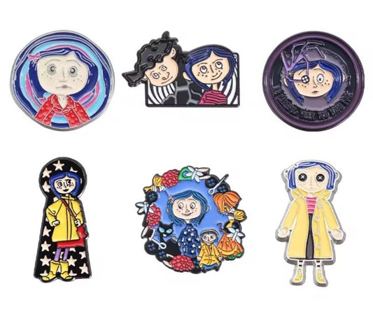 x 6 Coraline Doll Pin Enamel Metal Badge Cult Movie Gaiman Book Set 2 gift bag