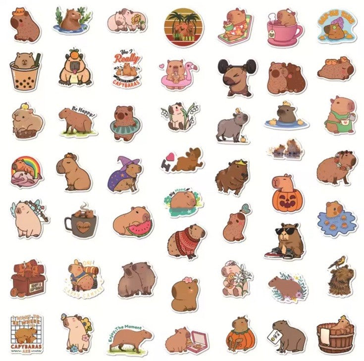 50Pcs Cute Capybara Sticker Set for Laptop, Guitar, Scrapbook and Journals