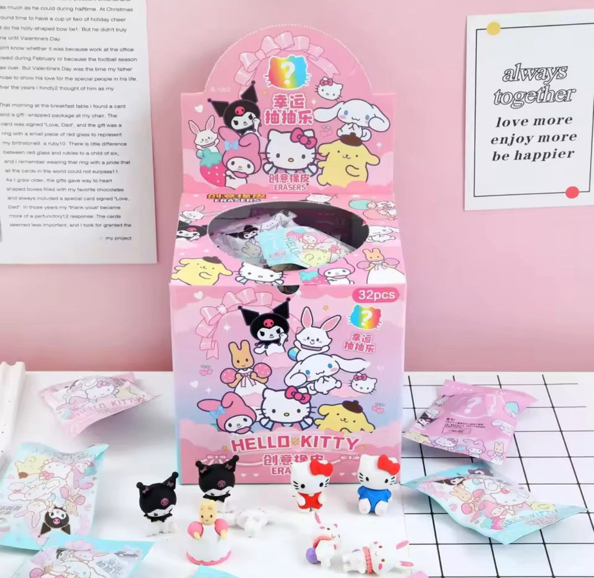 Box Of 32 Eraser Kawaii Kuromi Hello Kitty Rubber Gift Blind Bags Xmas Party0