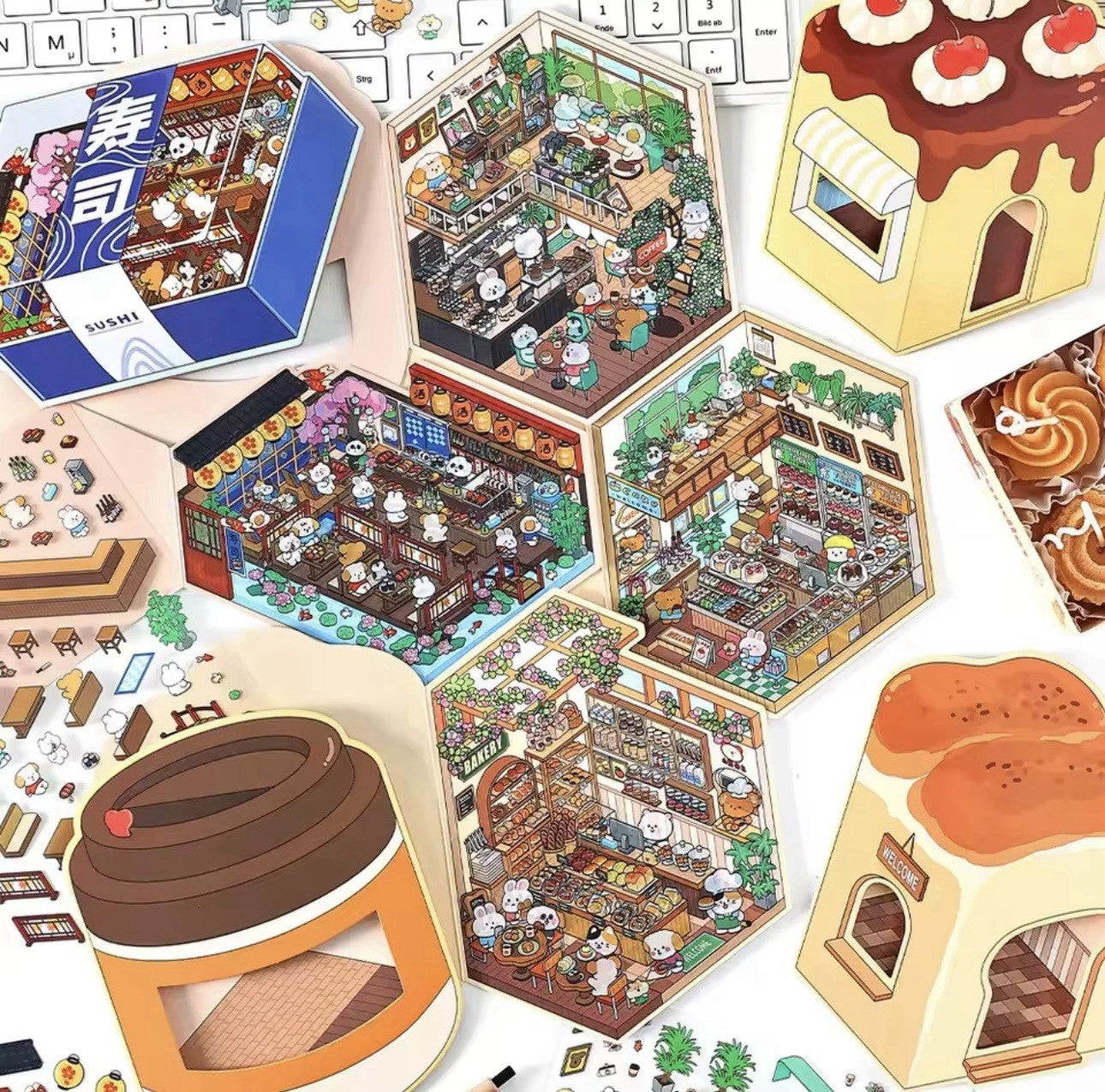 NEW 4Pc Mega Scenes DIY Cartoon 3D Landscape Sticker Book Coffee Bakery