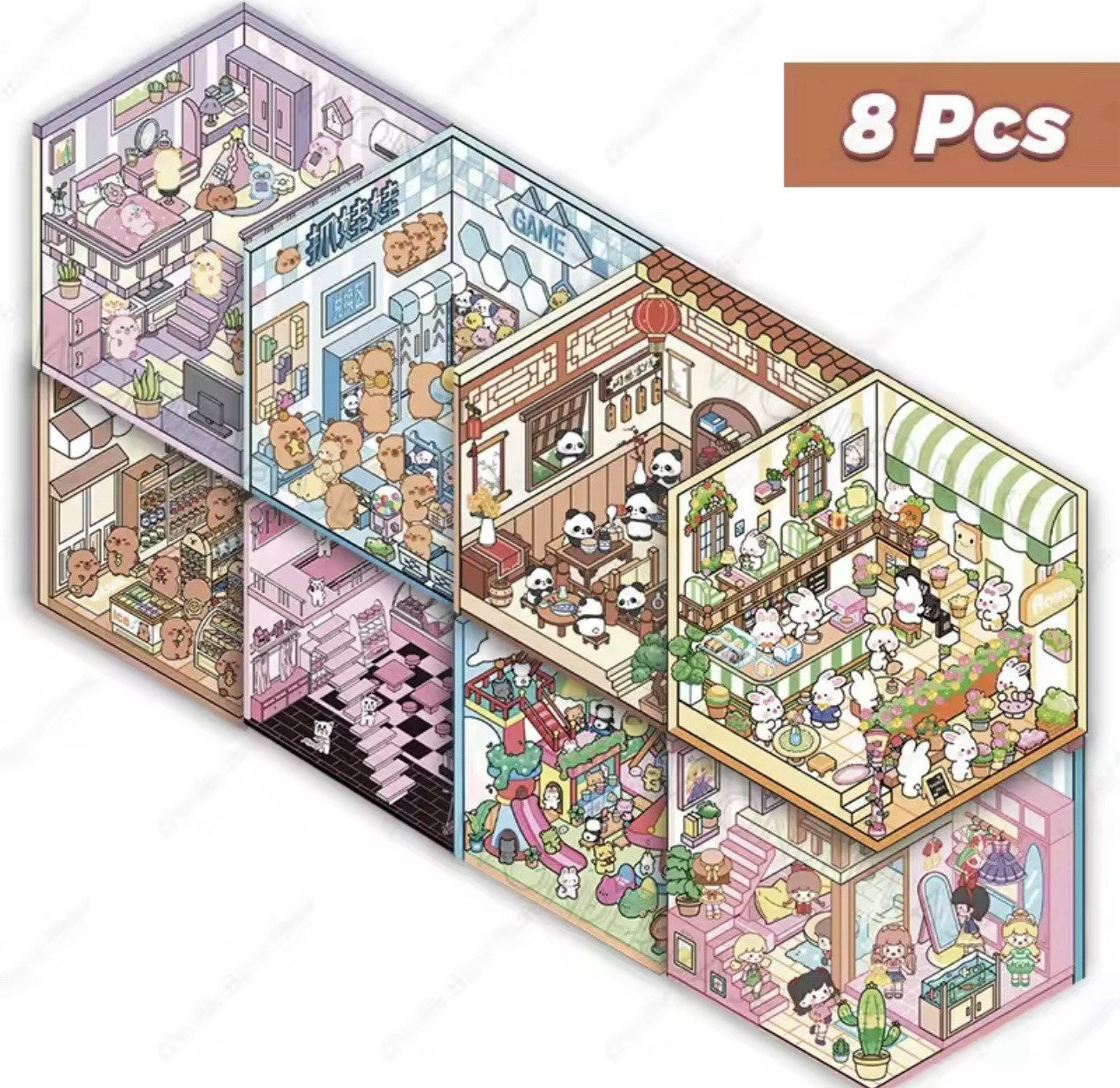 NEW 8Pc Mega Build Scenes DIY Cute Cartoon 3D Landscape Sticker Book Set