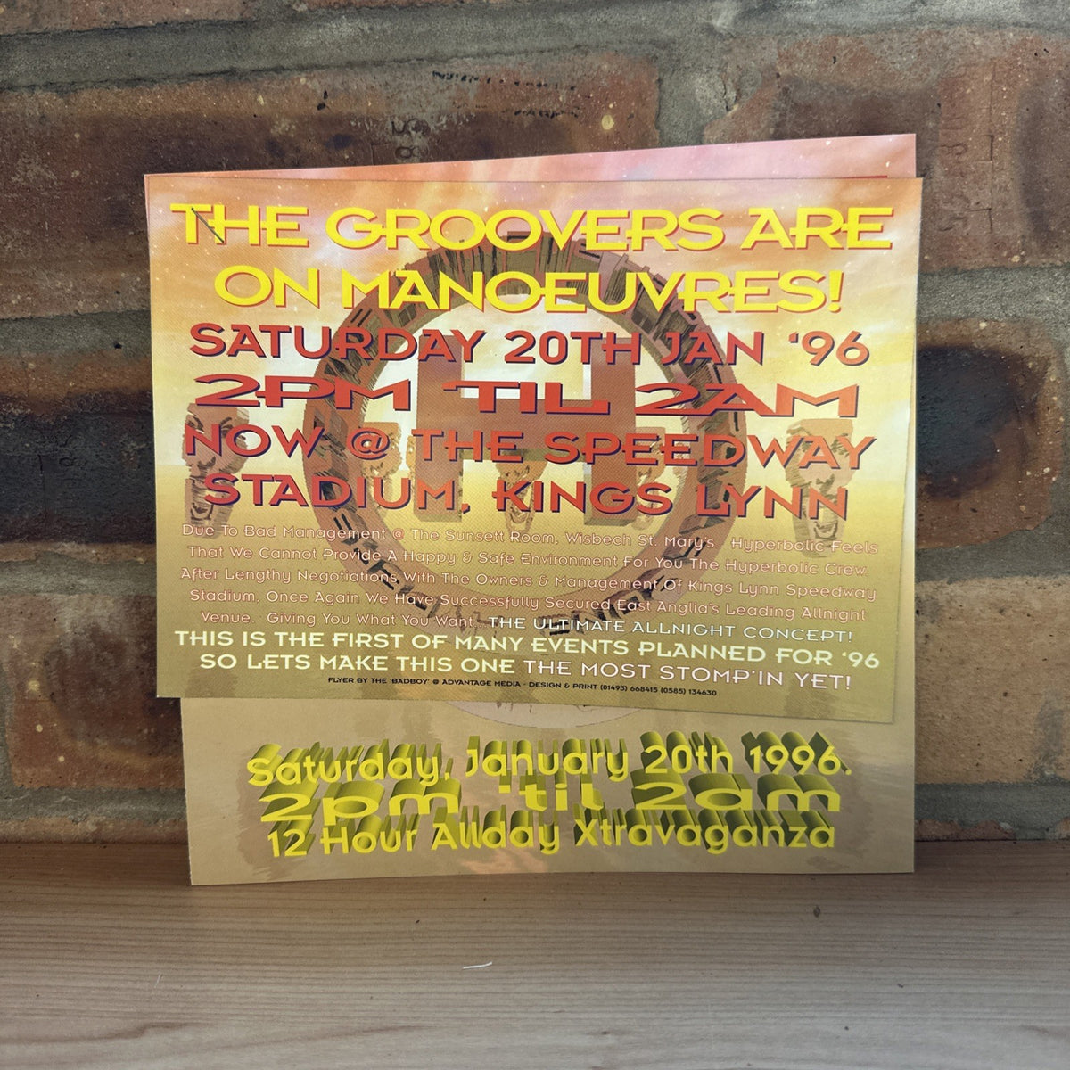 2 Rave Flyers Hyperbolic & Groomers  Kings Lynn Jan 20th 1996 Club Flyer Mint0