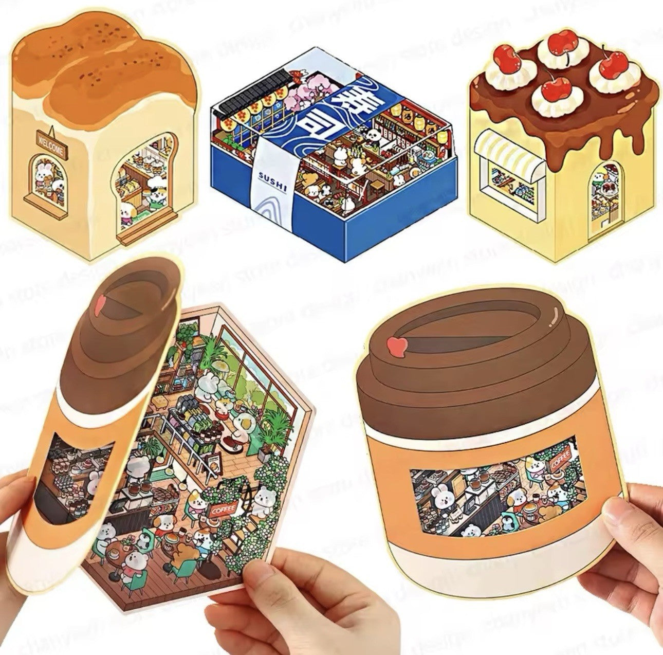 NEW 4Pc Mega Scenes DIY Cartoon 3D Landscape Sticker Book Coffee Bakery