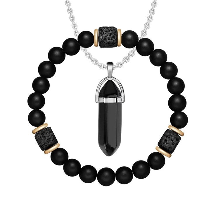 2 Piece Set Black Natural Stone Necklace & Stretchable Bracelet0