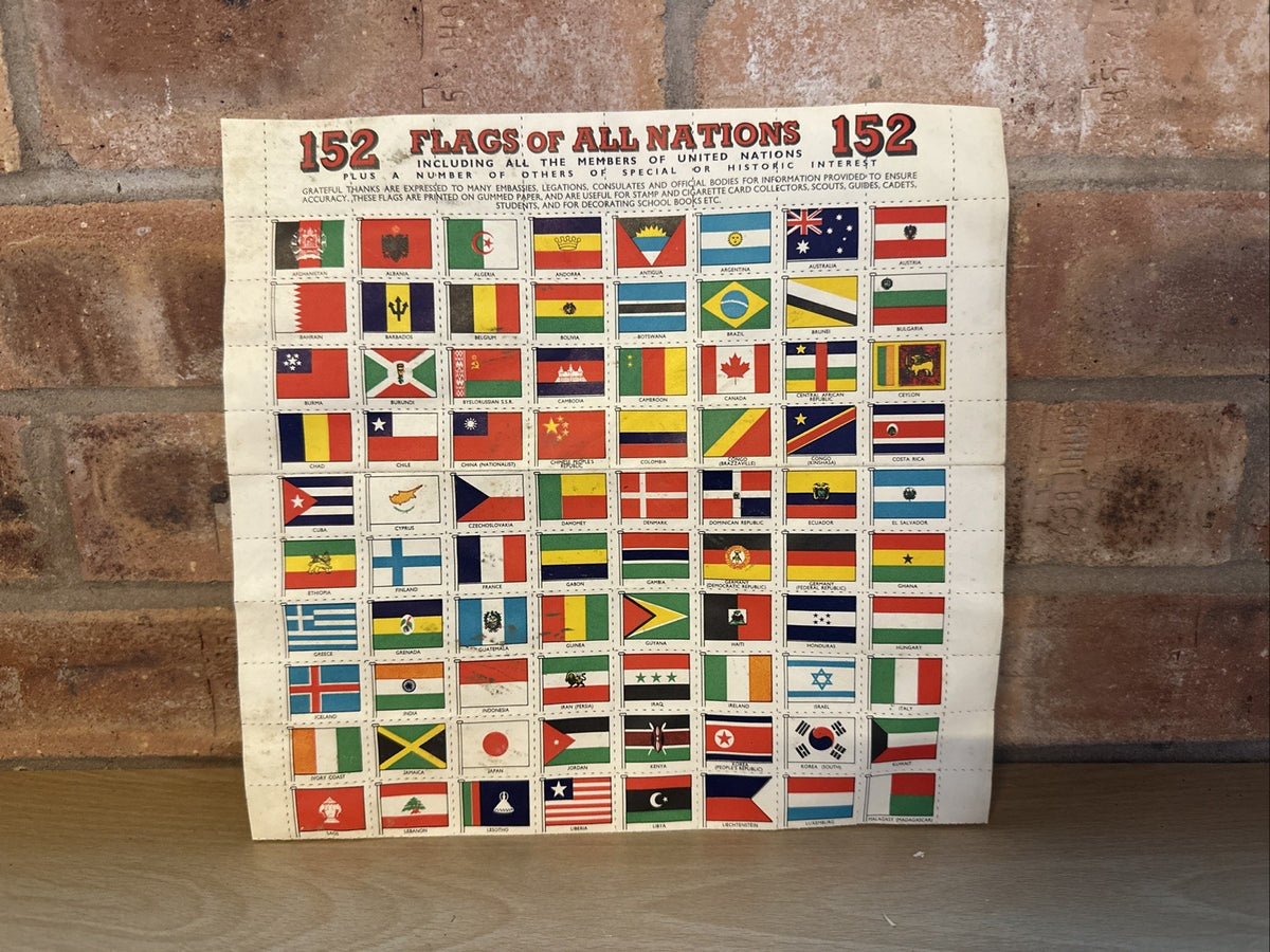 Vintage 1968 “152 Flags Of All Nations” Gummed Sticker Sheet Rare Flags Stamp0