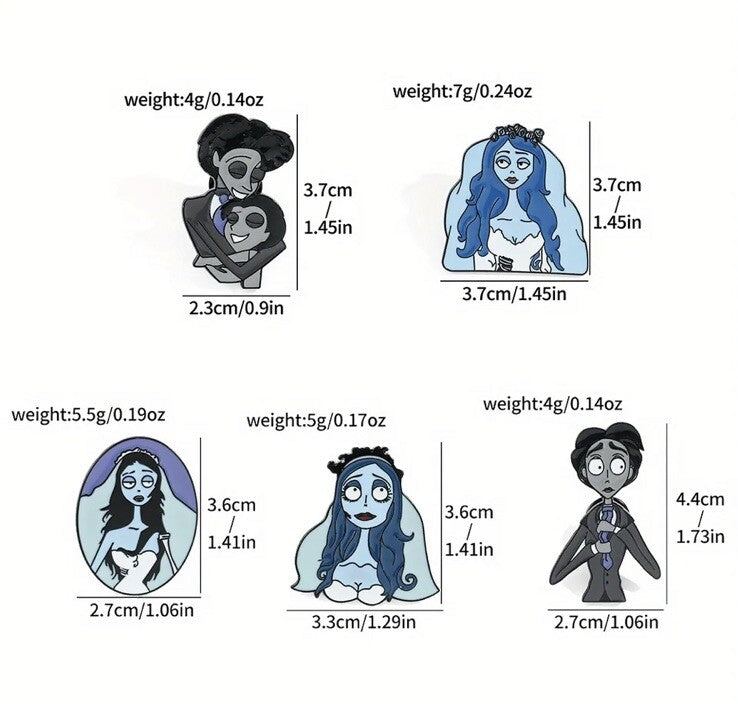 5 x Corpse Bride Metal Pins Movie Tim Burton Enamel Horror Badge Complete Set3
