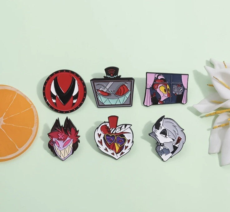 6x pcs New Anime Hazbin Hotel Metal Badge Pin AD Charlie Complete Set0