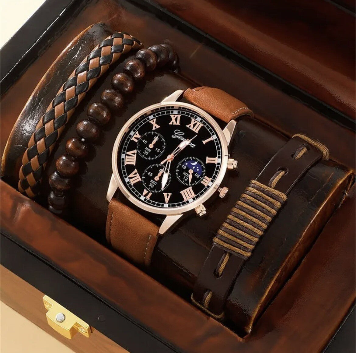 4 Piece Set Men's Sports Watches Business Quartz  Luxury Leather UK 0