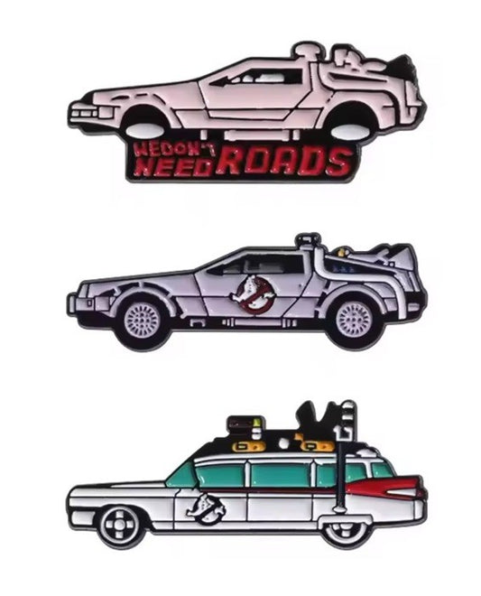 The Real Ghostbusters Ecto1 Vs Delorean  3x pin badge Ghost busters BTTF  Cult