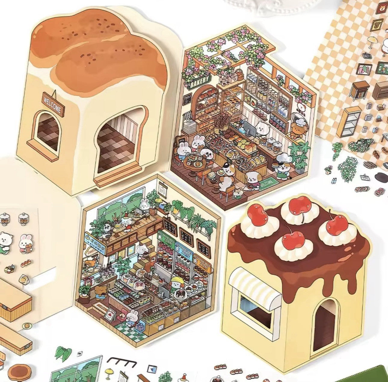 NEW 4Pc Mega Scenes DIY Cartoon 3D Landscape Sticker Book Coffee Bakery